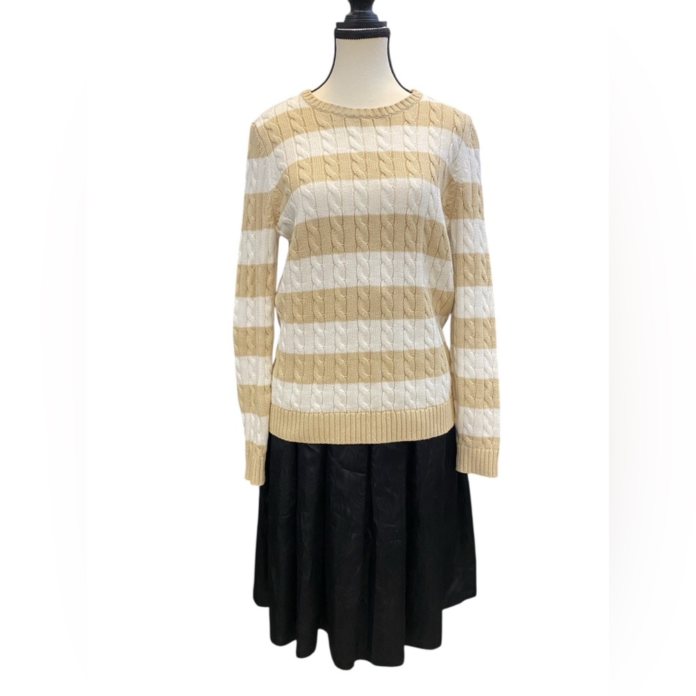 100% cotton Talbots Tan and White Striped Cable Knit Sweater, EUC size M